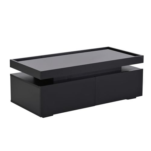 Table Basse Noire Brillante Avec Lumières LED, 2 Tiroirs