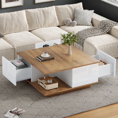 Table Basse Carrée Blanche Et Bois Avec 3 Tiroirs Et Rangement Ouvert