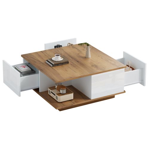 Table Basse Carrée Blanche Et Bois Avec 3 Tiroirs Et Rangement Ouvert
