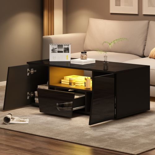 Table Basse Rectangulaire Noire Brillante Avec Éclairage LED, 2 Portes Et 1 Tiroir, Rangement Ouvert