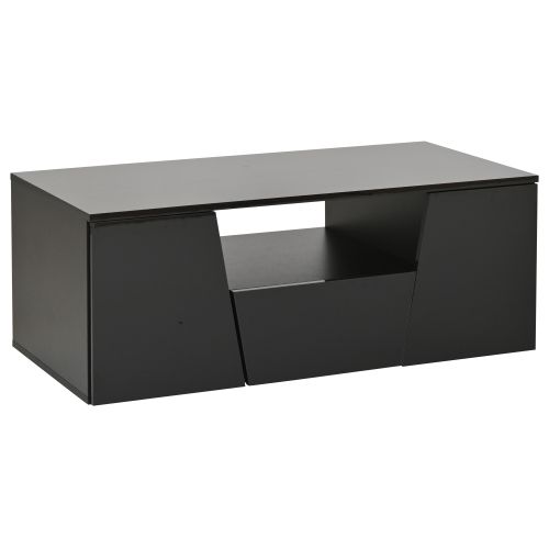 Table Basse Rectangulaire Noire Brillante Avec Éclairage LED, 2 Portes Et 1 Tiroir, Rangement Ouvert