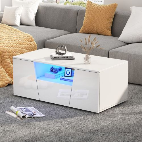 Table Basse Rectangulaire Blanche Brillante Avec LED, 2 Portes Et 1 Tiroir, Rangement Ouvert