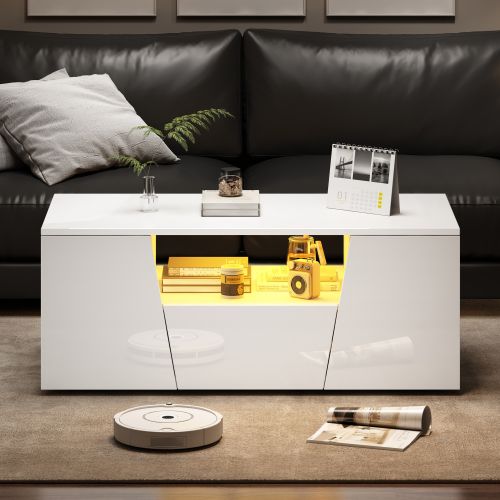 Table Basse Rectangulaire Blanche Brillante Avec LED, 2 Portes Et 1 Tiroir, Rangement Ouvert