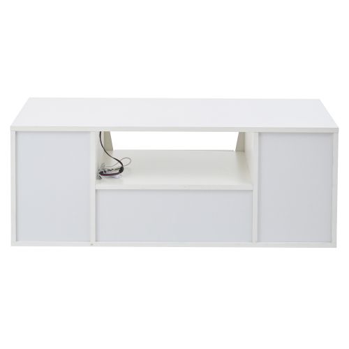 Table Basse Rectangulaire Blanche Brillante Avec LED, 2 Portes Et 1 Tiroir, Rangement Ouvert