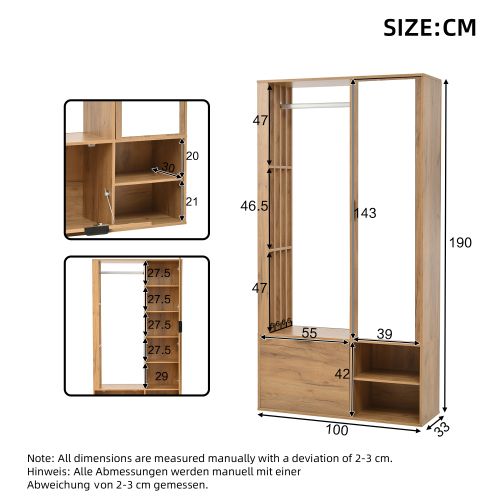 Vestiaire D'entrée Bois Avec Armoire Ouverte, Miroir Et Armoires De Rangement
