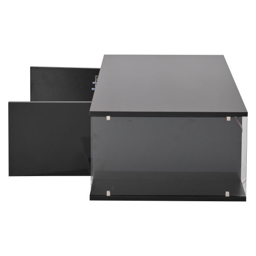 Table Basse Rectangulaire Noire Brillante Avec LED, Design En Verre, 2 Portes Et Rangement Ouvert