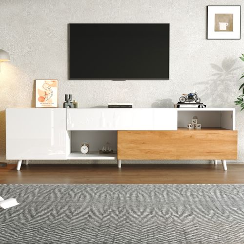 Meuble TV Blanc Et Bois, Avec 2 Portes Et 1 Tiroir, Compartiments De Rangement Ouverts