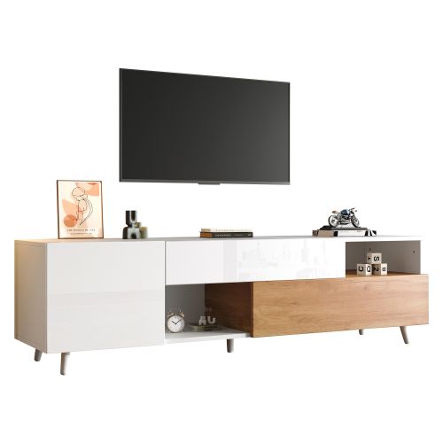 Meuble TV Blanc Et Bois, Avec 2 Portes Et 1 Tiroir, Compartiments De Rangement Ouverts