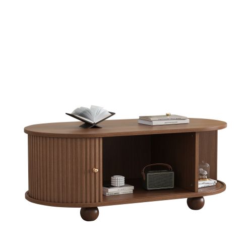 Table Basse Ovale Noyer Avec Rangement Et 2 Portes Coulissantes, 4 Pieds Ronds