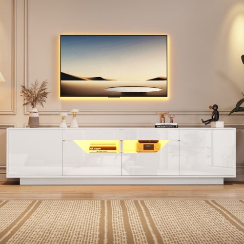 Meuble TV Blanc, Meuble TV Bas 180 Cm Avec 2 Tiroirs Et 2 Portes, Éclairage LED