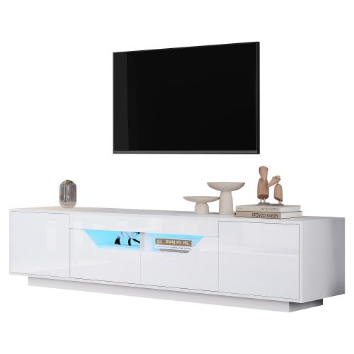 Meuble TV Blanc, Meuble TV Bas 180 Cm Avec 2 Tiroirs Et 2 Portes, Éclairage LED