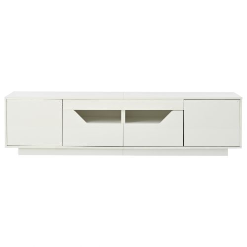 Meuble TV Blanc, Meuble TV Bas 180 Cm Avec 2 Tiroirs Et 2 Portes, Éclairage LED