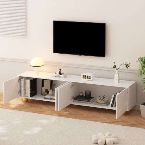 Meuble TV Blanc, Meuble TV Bas 180 Cm Avec 4 Portes à Motifs Nuages, 5 Pieds Ronds Dorés