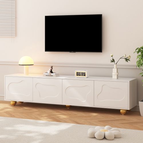 Meuble TV Blanc, Meuble TV Bas 180 Cm Avec 4 Portes à Motifs Nuages, 5 Pieds Ronds Dorés