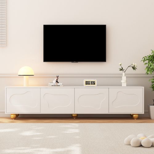 Meuble TV Blanc, Meuble TV Bas 180 Cm Avec 4 Portes à Motifs Nuages, 5 Pieds Ronds Dorés