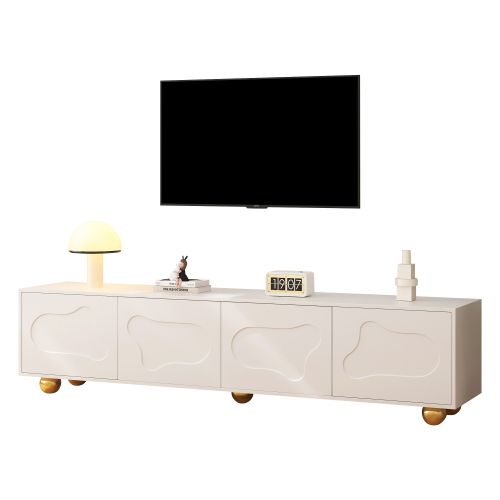 Meuble TV Blanc, Meuble TV Bas 180 Cm Avec 4 Portes à Motifs Nuages, 5 Pieds Ronds Dorés