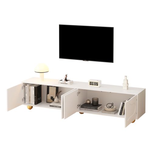 Meuble TV Blanc, Meuble TV Bas 180 Cm Avec 4 Portes à Motifs Nuages, 5 Pieds Ronds Dorés