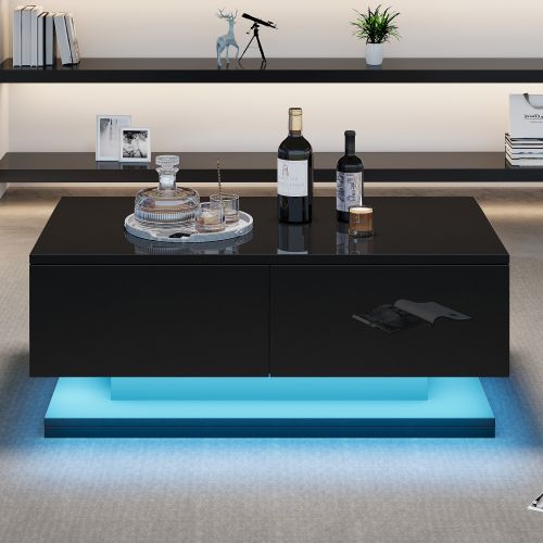 Table Basse Rectangulaire Noire Brillante Avec 2 Tiroirs, Éclairage LED