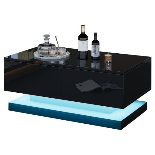 Table Basse Rectangulaire Noire Brillante Avec 2 Tiroirs, Éclairage LED