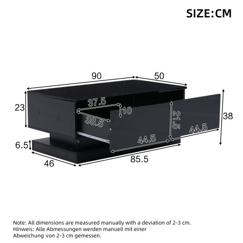 Table Basse Rectangulaire Noire Brillante Avec 2 Tiroirs, Éclairage LED