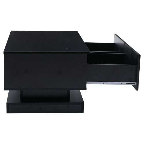 Table Basse Rectangulaire Noire Brillante Avec 2 Tiroirs, Éclairage LED