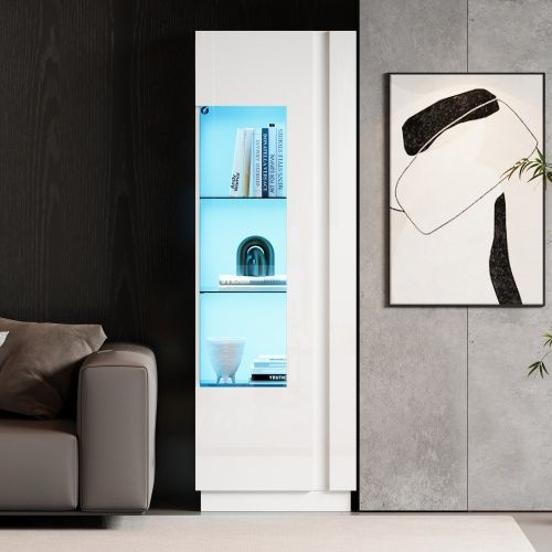 Vitrine Blanche Avec 1 Porte En Acrylique, Éclairage LED, 3 Étagères En Verre