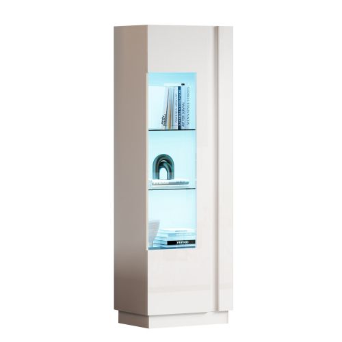 Vitrine Blanche Avec 1 Porte En Acrylique, Éclairage LED, 3 Étagères En Verre