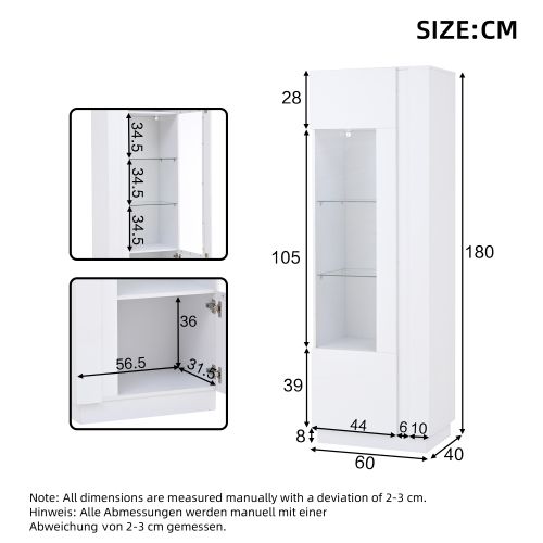 Vitrine Blanche Avec 1 Porte En Acrylique, Éclairage LED, 3 Étagères En Verre