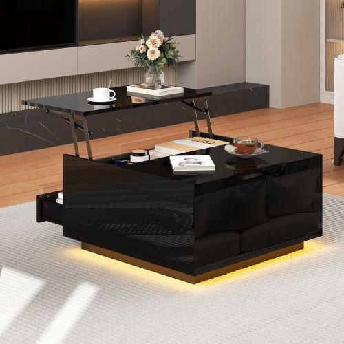 Table Basse Relevable Carrée Noire Brillante Avec Éclairage LED, 1 Tiroir, Rangement Caché