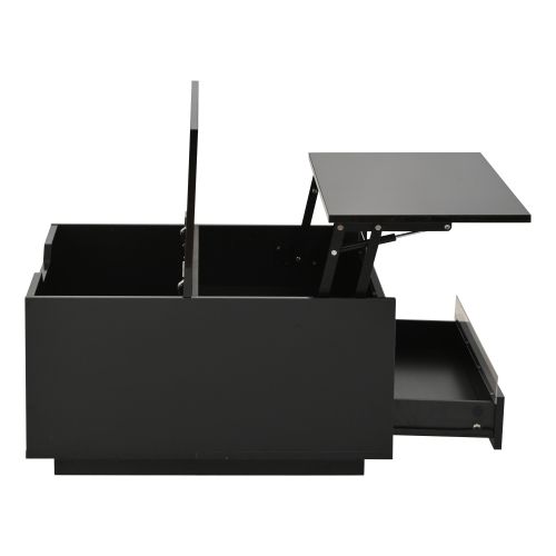Table Basse Relevable Carrée Noire Brillante Avec Éclairage LED, 1 Tiroir, Rangement Caché