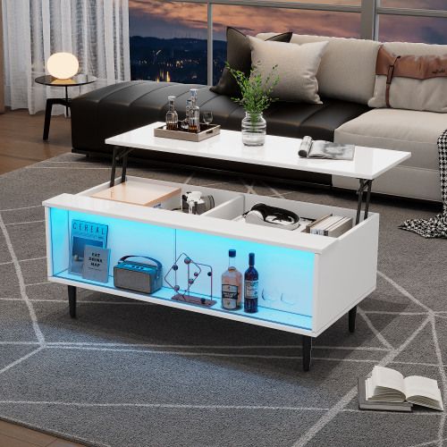 Table Basse Relevable Rectangulaire Blanche Avec Éclairage LED Et Porte Coulissante En Verre