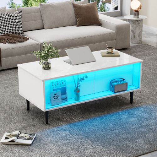 Table Basse Relevable Rectangulaire Blanche Avec Éclairage LED Et Porte Coulissante En Verre