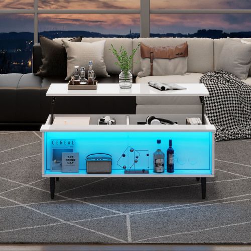 Table Basse Relevable Rectangulaire Blanche Avec Éclairage LED Et Porte Coulissante En Verre