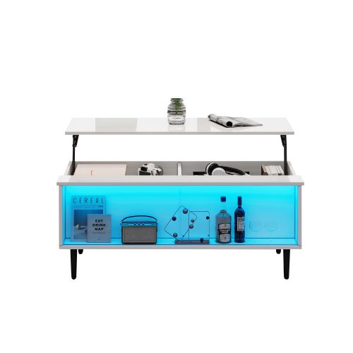 Table Basse Relevable Rectangulaire Blanche Avec Éclairage LED Et Porte Coulissante En Verre