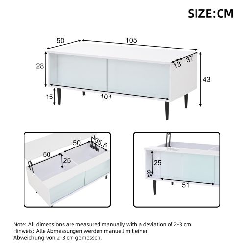 Table Basse Relevable Rectangulaire Blanche Avec Éclairage LED Et Porte Coulissante En Verre