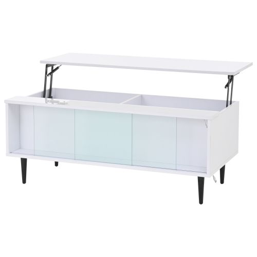 Table Basse Relevable Rectangulaire Blanche Avec Éclairage LED Et Porte Coulissante En Verre