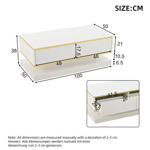 Table Basse Rectangulaire Blanche Brillante Avec 2 Tiroirs Et Bordure Dorée