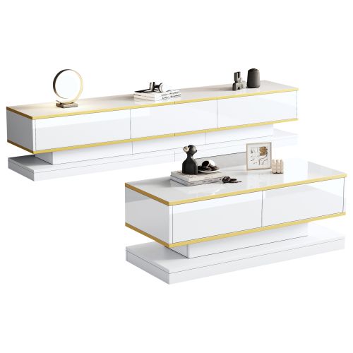 Ensemble De Meuble TV, Meuble TV Avec Table Basse, Bordure Dorée, Blanc