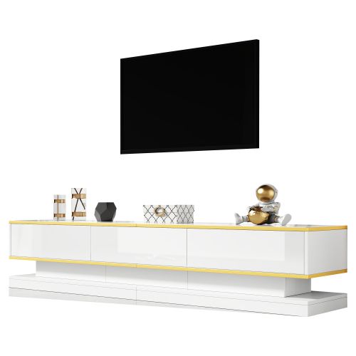 Meuble TV Bas Blanc De 200 Cm Avec 3 Tiroirs Brillants Et Bordure Dorée