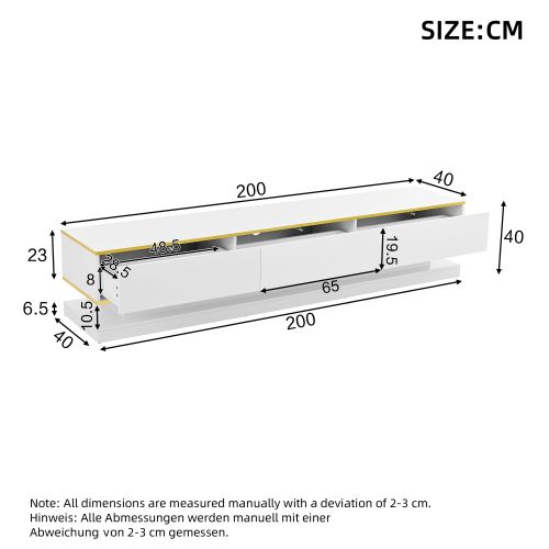 Meuble TV Bas Blanc De 200 Cm Avec 3 Tiroirs Brillants Et Bordure Dorée
