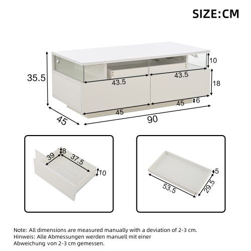Table Basse Rectangulaire Blanche Lumineuse Avec Éclairage LED, 2 Tiroirs, Dosseret En Acrylique