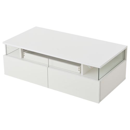 Table Basse Rectangulaire Blanche Lumineuse Avec Éclairage LED, 2 Tiroirs, Dosseret En Acrylique