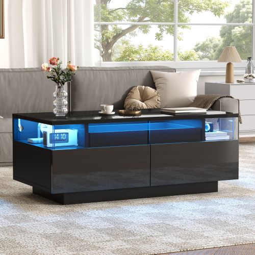 Table Basse Rectangulaire Noire Lumineuse Avec Éclairage LED, 2 Tiroirs, Dosseret En Acrylique