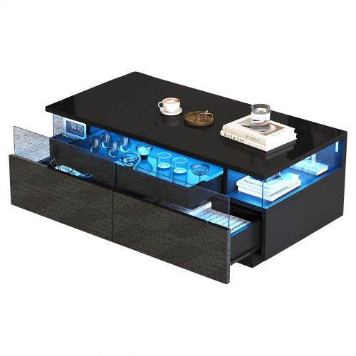 Table Basse Rectangulaire Noire Lumineuse Avec Éclairage LED, 2 Tiroirs, Dosseret En Acrylique