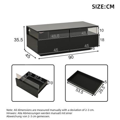 Table Basse Rectangulaire Noire Lumineuse Avec Éclairage LED, 2 Tiroirs, Dosseret En Acrylique