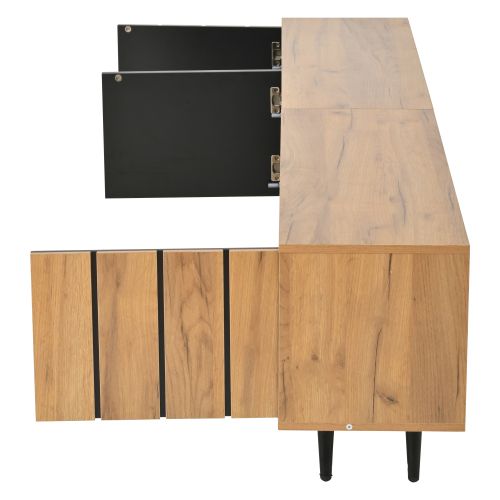 Meuble TV Bas Bois Et Noir Avec 3 Portes, 2 Compartiments Ouverts, Séparateurs En Verre, Pieds Noirs