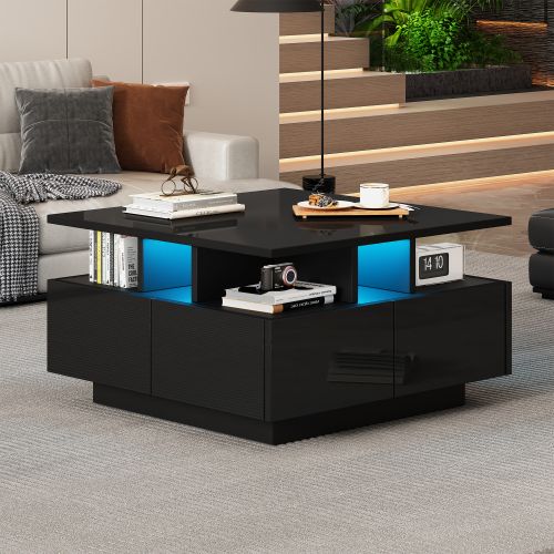 Table Basse Carrée Noire Brillante Avec Éclairage LED, 4 Tiroirs, Compartiments Ouverts