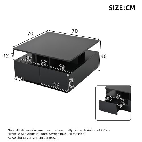 Table Basse Carrée Noire Brillante Avec Éclairage LED, 4 Tiroirs, Compartiments Ouverts