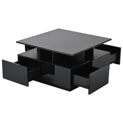 Table Basse Carrée Noire Brillante Avec Éclairage LED, 4 Tiroirs, Compartiments Ouverts