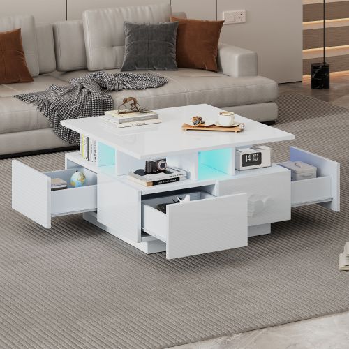 Table Basse Carrée Blanche Brillante Avec Éclairage LED, 4 Tiroirs, Compartiments Ouverts
